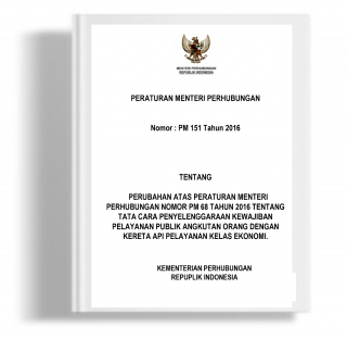 Peraturan Menteri Perhubungan tentang Perubahan Atas Peraturan Menteri Perhubungan Nomor PM 68 tahun 2016 tentang Tata Cara Penyelenggaraan Kewajiban Pelayanan Publik Angkutan Orang dengan Kereta Api Pelayanan Kelas Ekonomi. 