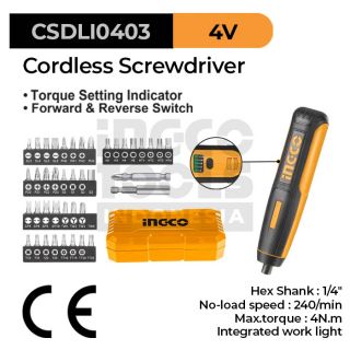 Ingco Cordless Screwdriver 4V 4Nm Obeng Listrik CSDLI0403